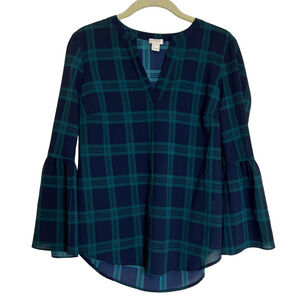 J Crew Factory Womens Chiffon Blouse XS Green Blue Tartan Plaid Bell Sleeve